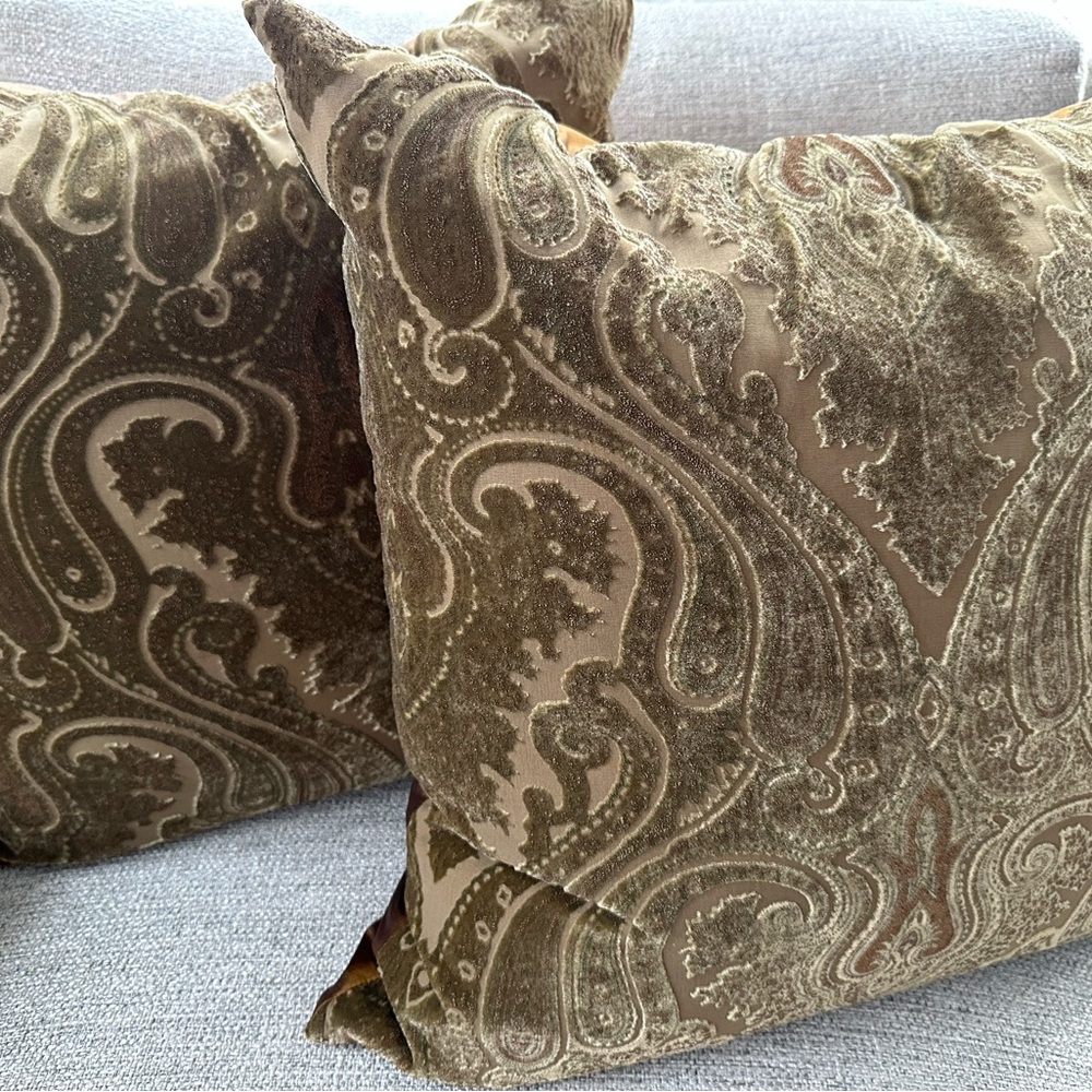 Anichini 2 Vintage Olive Green Silk Burnout Pillows with Bronze Silk Backing